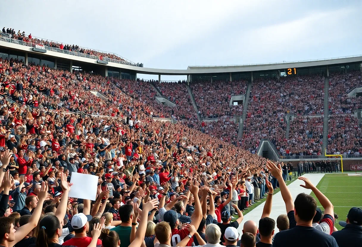 Fans cheering in the Gaylord Family Oklahoma Memorial Stadium after a Sooners touchdown