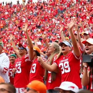 Excited fans cheering at the Red River Showdown between Oklahoma Sooners and Texas Longhorns.