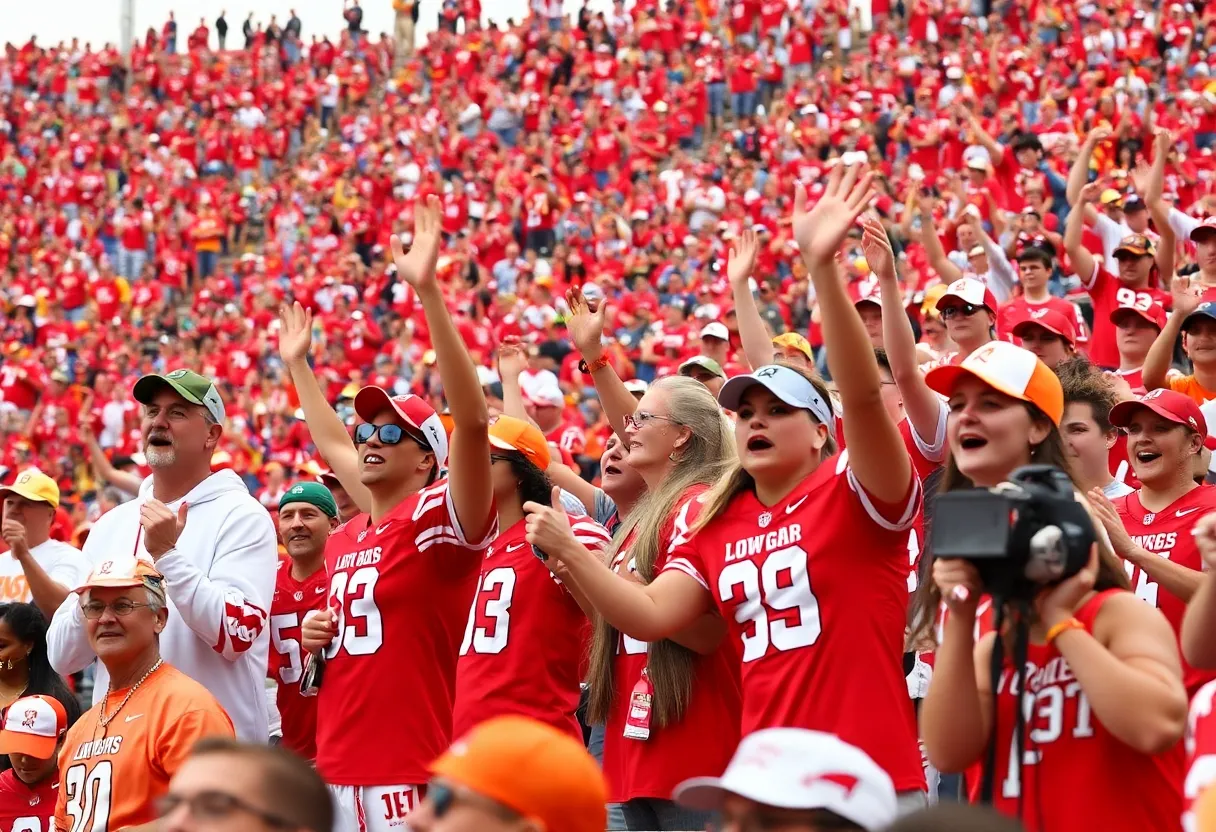 Excited fans cheering at the Red River Showdown between Oklahoma Sooners and Texas Longhorns.