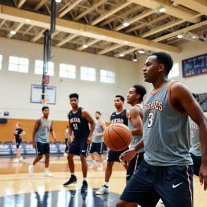 Players from Oklahoma State Cowboys basketball team practicing at Gallagher-Iba Arena.
