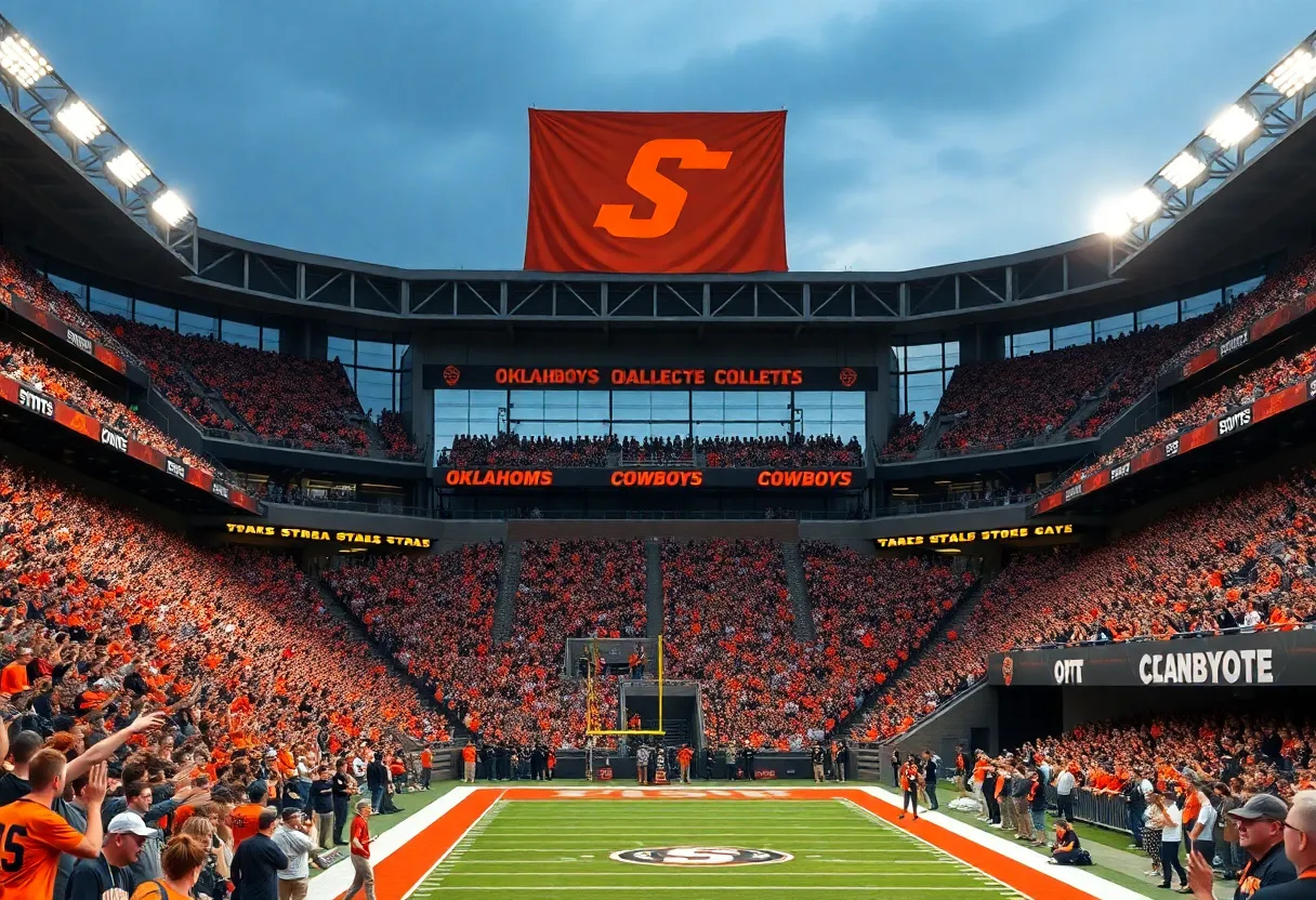 Fans cheering at Oklahoma State Cowboys stadium