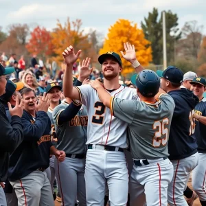 Oklahoma State Cowboys baseball team celebrating after a fall exhibition win