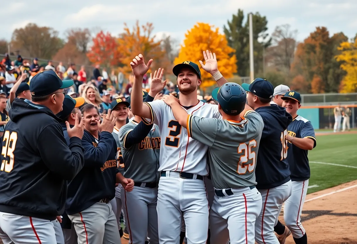 Oklahoma State Cowboys baseball team celebrating after a fall exhibition win