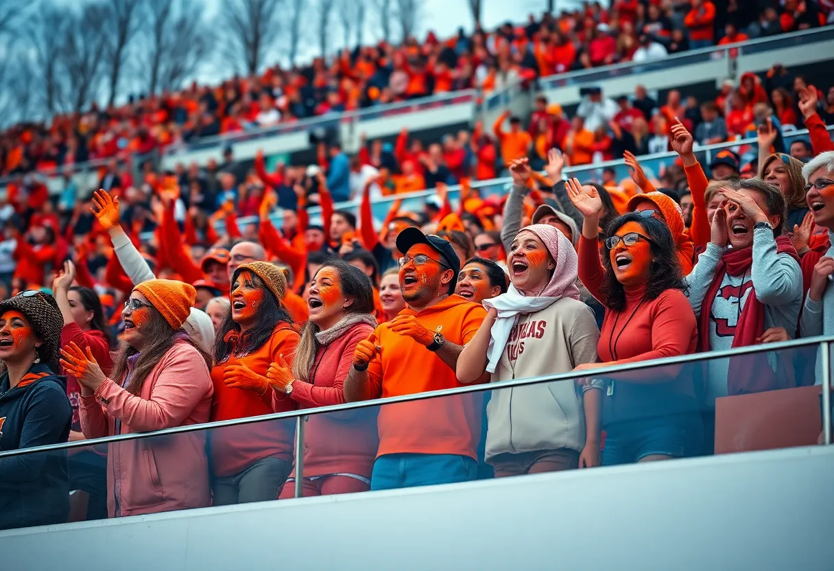 Fans with body paint supporting Oklahoma State University during a football game