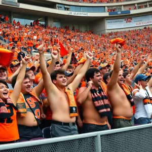 Oklahoma State fans in stands going shirtless and cheering during a football game