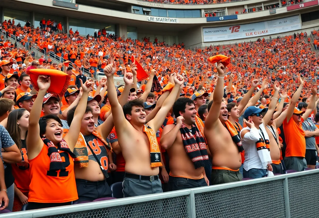 Oklahoma State fans in stands going shirtless and cheering during a football game