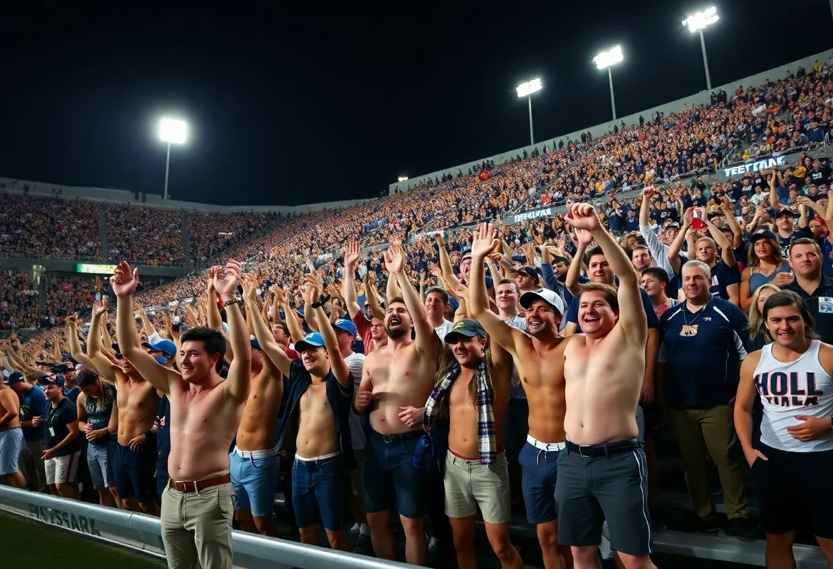 Oklahoma State fans cheering passionately during a football game