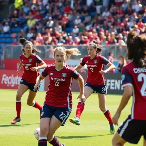 Oklahoma State women's soccer players celebrating a goal during a match against West Virginia.