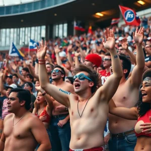Energetic crowd of shirtless Oklahoma State University fans at a football game