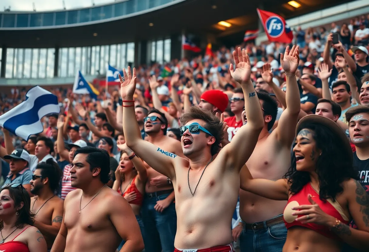 Energetic crowd of shirtless Oklahoma State University fans at a football game