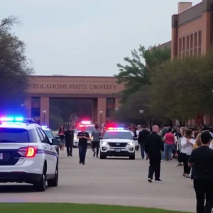 Police and emergency responders at the scene of a shooting near Oklahoma State University.
