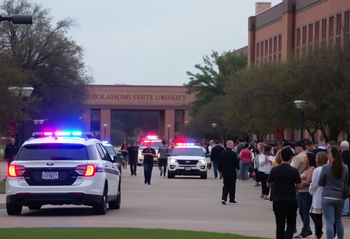 Police and emergency responders at the scene of a shooting near Oklahoma State University.