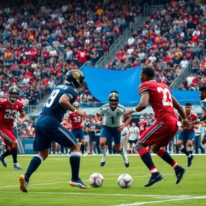 Oklahoma State Cowboys and Texas Tech Red Raiders football teams competing on the field