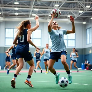 Women athletes in action during a professional basketball and soccer match.