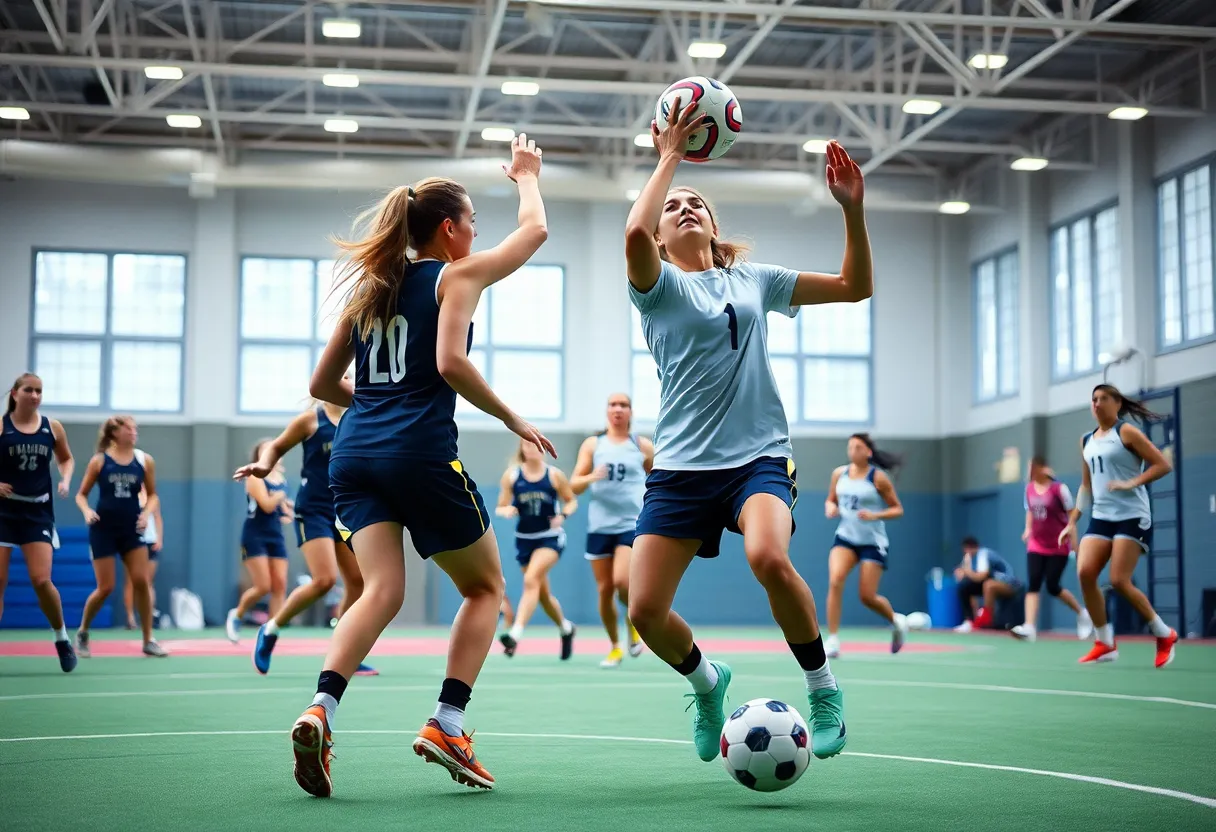 Women athletes in action during a professional basketball and soccer match.