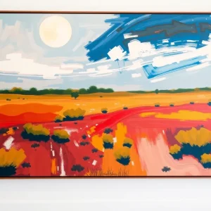 Abstract painting inspired by Oklahoma landscapes displayed at a gallery opening.