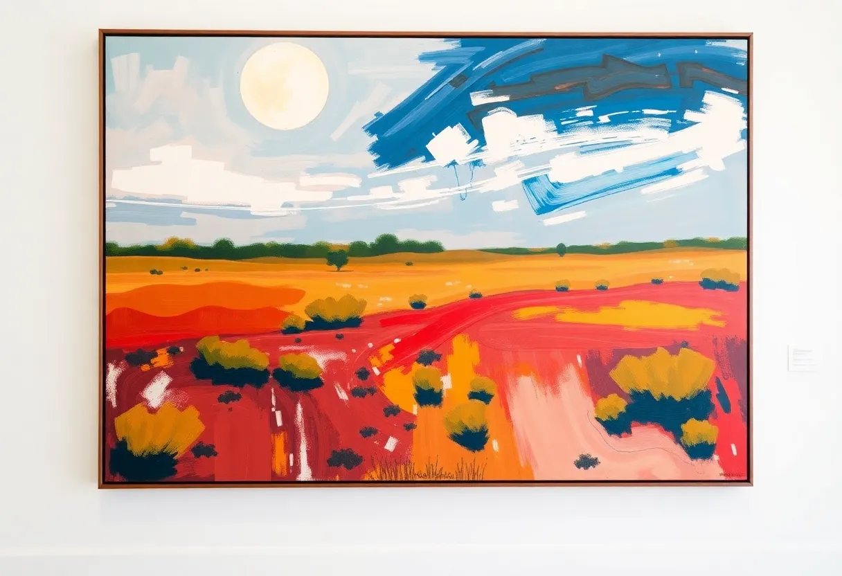 Abstract painting inspired by Oklahoma landscapes displayed at a gallery opening.