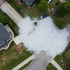 Suburban neighborhood in Oklahoma after severe storms, with hail damage visible on vehicles and homes.