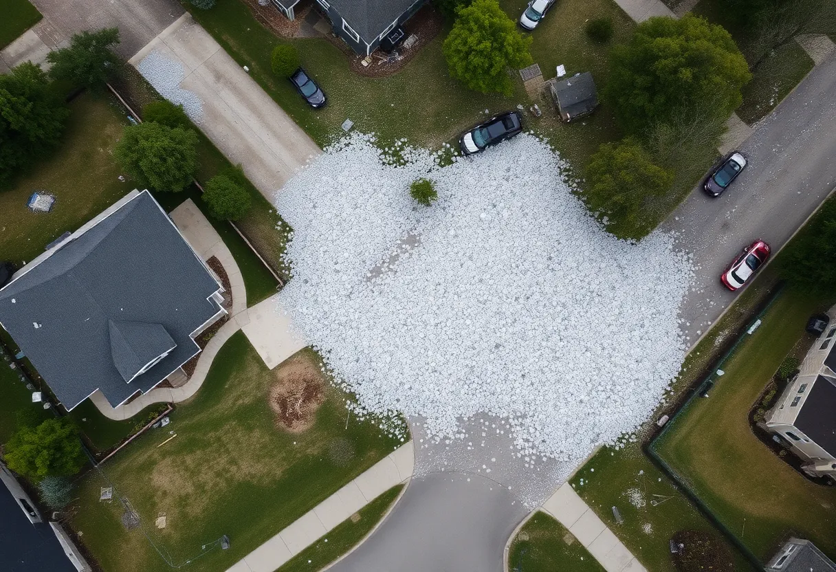 Suburban neighborhood in Oklahoma after severe storms, with hail damage visible on vehicles and homes.