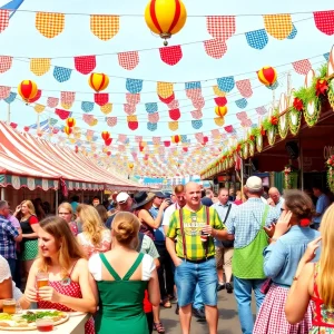 Families enjoying Oktoberfest at OKC Fairgrounds with tents and traditional German foods.