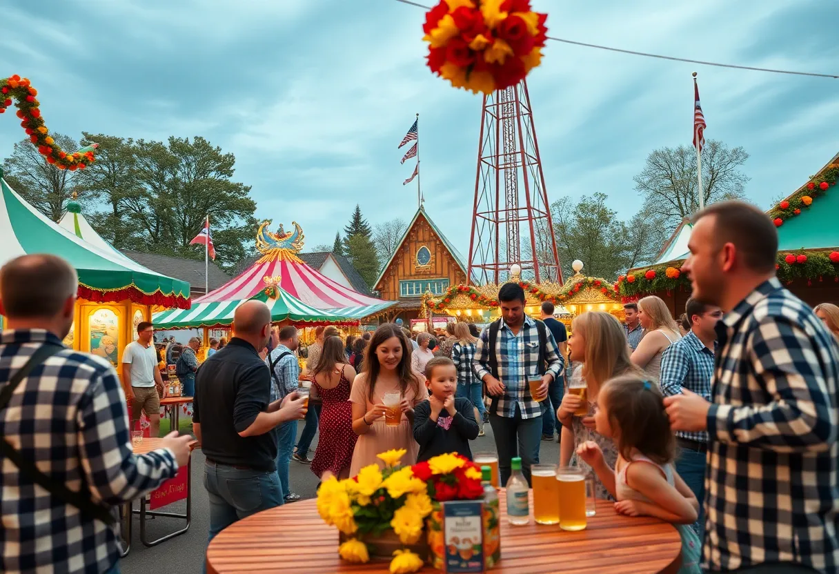 Families enjoying Oktoberfest festivities with beer gardens and live music at OKC Fairgrounds