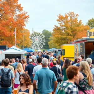 Crowd enjoying OK!toberfest at State Fair Park with food and drinks.