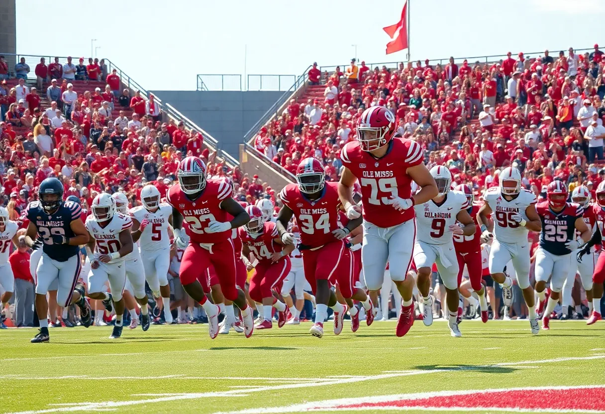 Ole Miss football team celebrating their victory over Oklahoma