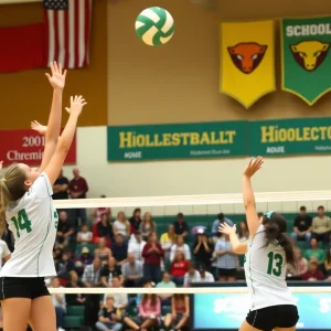 Action shot from the OSSAA Girls Volleyball Playoffs showing players in mid-air during a match.