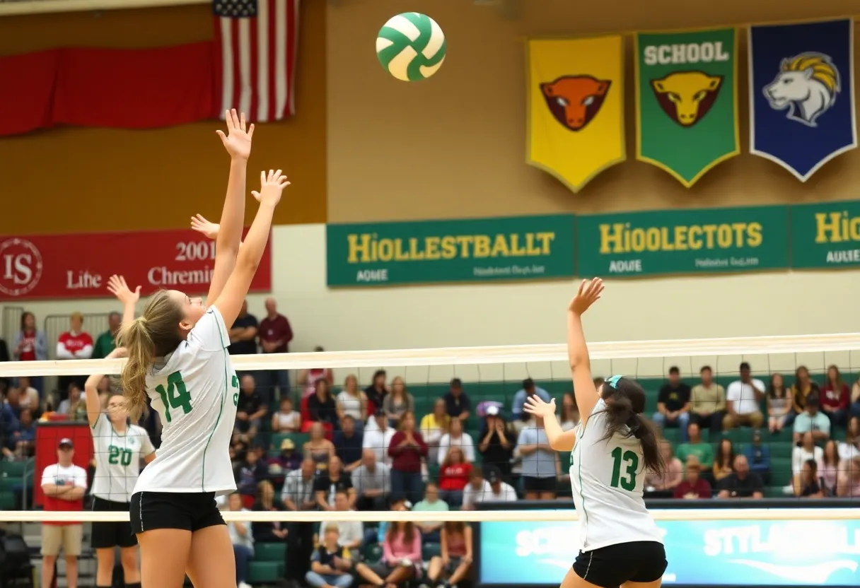 Action shot from the OSSAA Girls Volleyball Playoffs showing players in mid-air during a match.