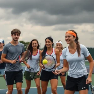 Oklahoma State University Cowboy Tennis team competing at the ITA Regionals under challenging weather conditions.