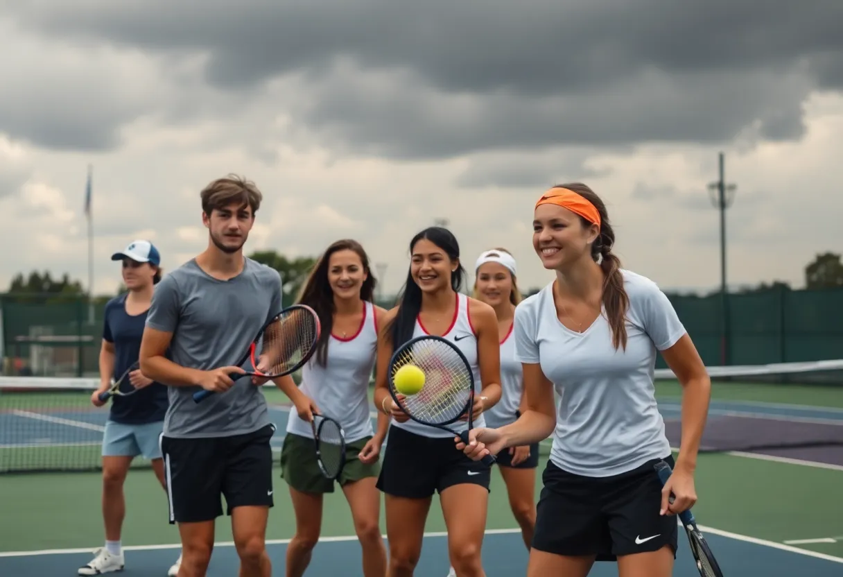 Oklahoma State University Cowboy Tennis team competing at the ITA Regionals under challenging weather conditions.