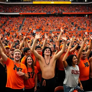 Shirtless fans in orange and black at an Oklahoma State football game