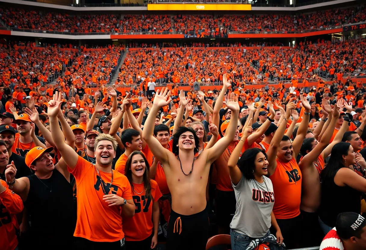 Shirtless fans in orange and black at an Oklahoma State football game