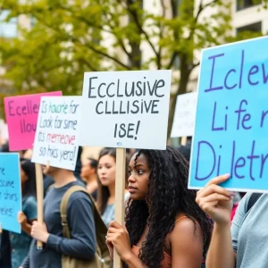 Participants holding signs promoting inclusive dialogue during a protest at the University of Oklahoma.