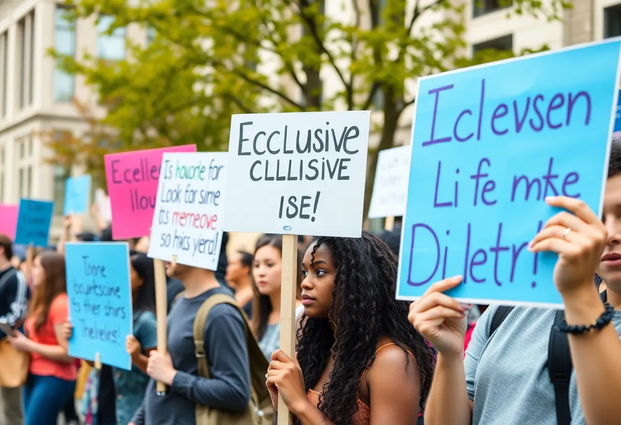 Participants holding signs promoting inclusive dialogue during a protest at the University of Oklahoma.