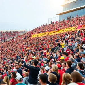 Fans celebrating at the University of Oklahoma homecoming event.