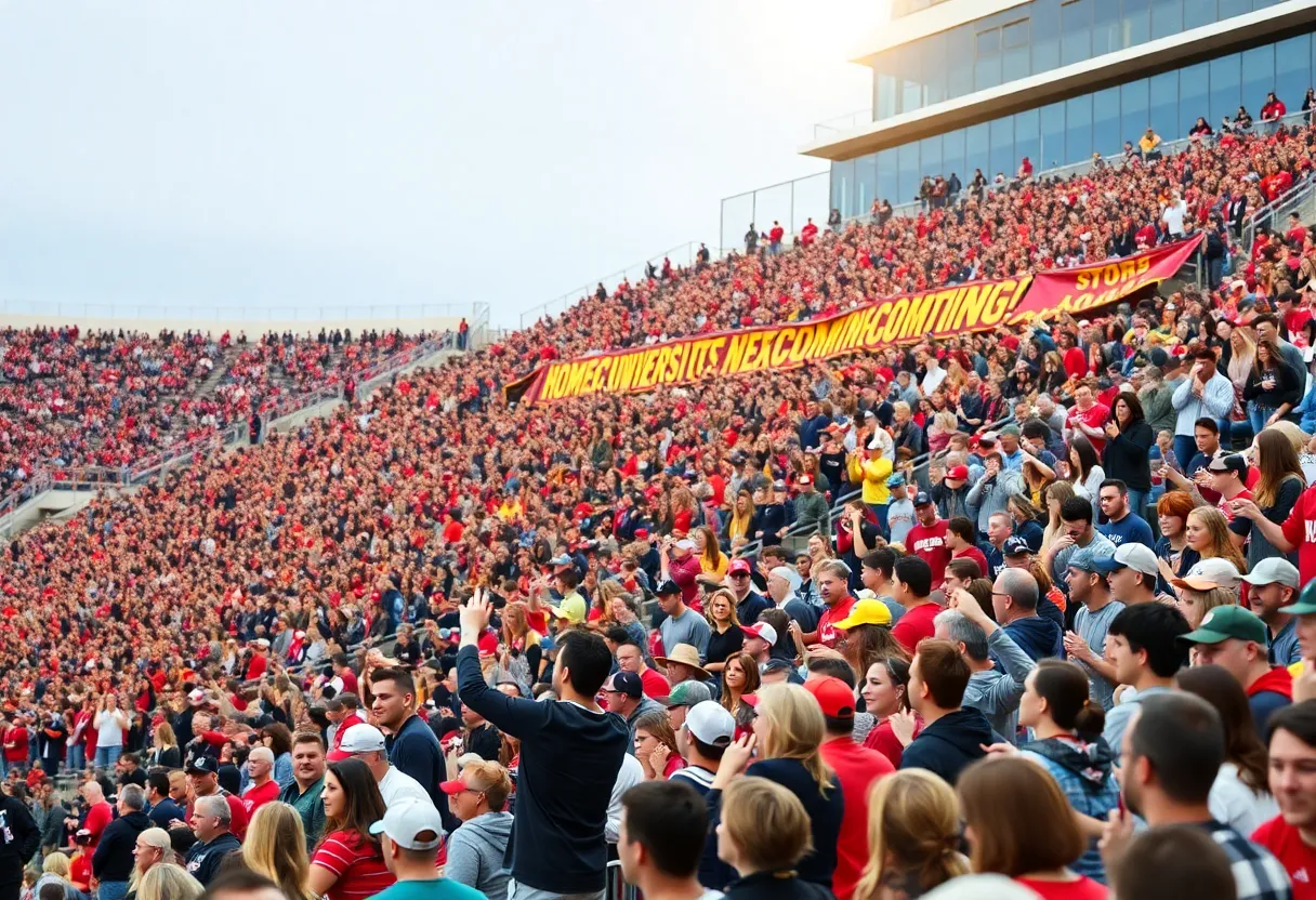 Fans celebrating at the University of Oklahoma homecoming event.