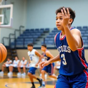 Basketball player showcasing agility and skills during a scrimmage.