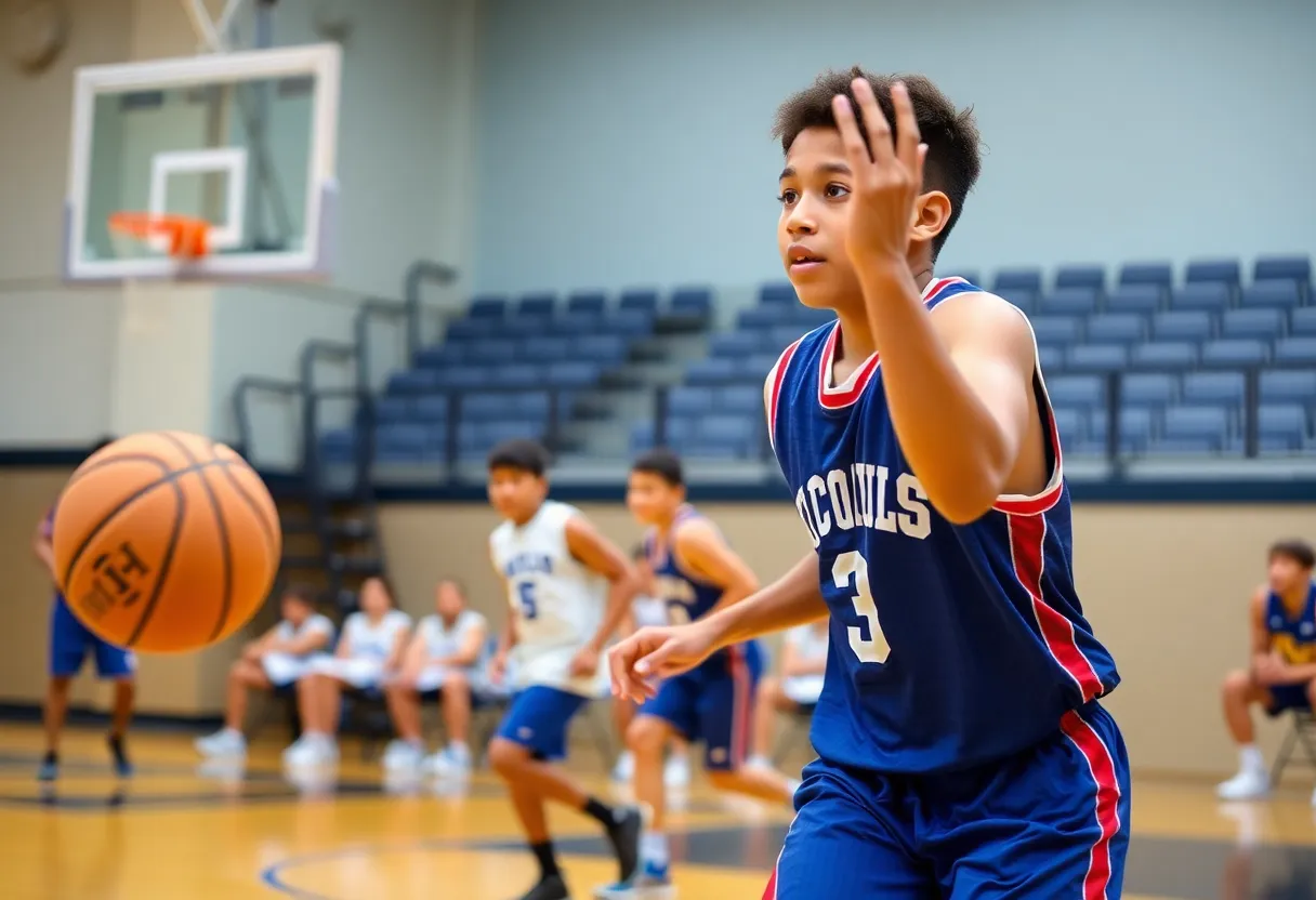 Basketball player showcasing agility and skills during a scrimmage.