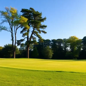 A beautiful par-3 golf hole on a sunny day