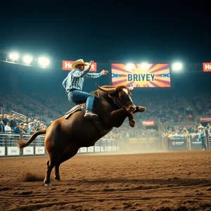 Bull rider in action during PBR Camping World Team Series in Kansas City