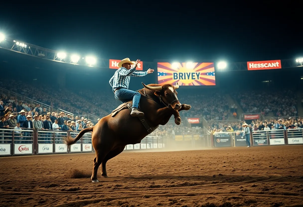 Bull rider in action during PBR Camping World Team Series in Kansas City