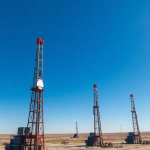 Aerial view of oil drilling rigs in the Anadarko Basin.