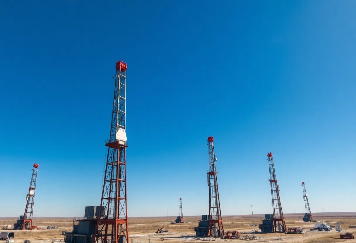 Aerial view of oil drilling rigs in the Anadarko Basin.