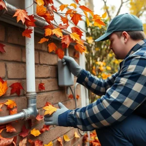 Plumber addressing plumbing issues in a home surrounded by autumn leaves.