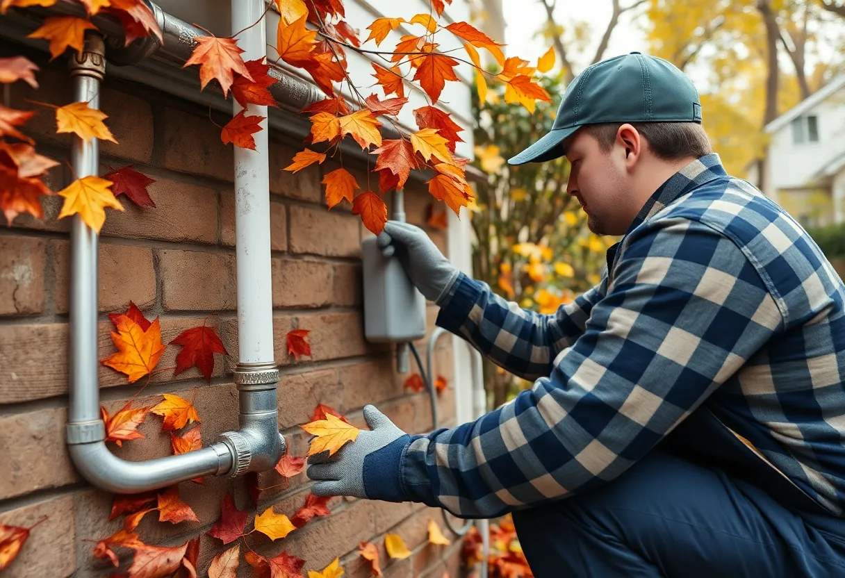 Plumber addressing plumbing issues in a home surrounded by autumn leaves.
