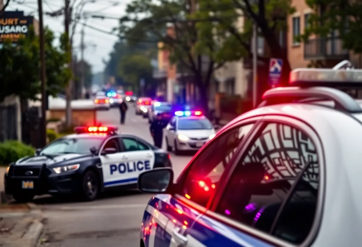 Police car and urban neighborhood representing accountability