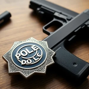 An image depicting a police badge next to a firearm, illustrating impersonation issues.