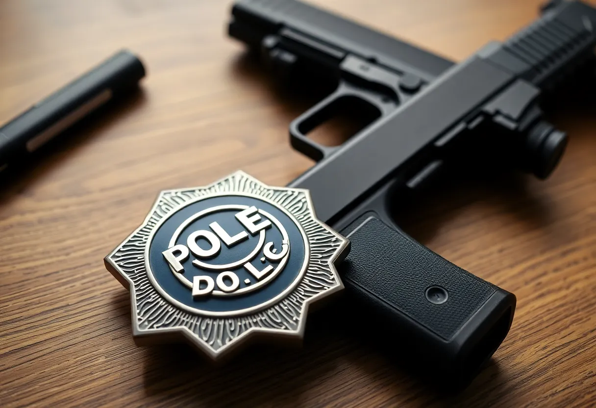 An image depicting a police badge next to a firearm, illustrating impersonation issues.