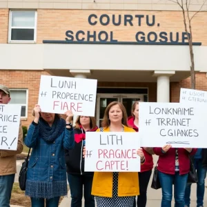 Parents protesting outside a courthouse in Payne County
